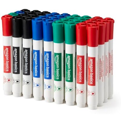 Amazon Basics Low-Odor Dry Erase Whiteboard Markers, Fine Tip, 4 Assorted Colors, 36 Count Amazon Basics Low-Odor Dry Erase Whiteboard Markers, Fine Tip, 4 Assorted Colors, 36 Count