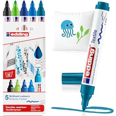 edding 4500 Textilmarker schwarz, 3x blau, grün 5 Stück Rundspitze 2-3 mm Textilstifte waschmaschinenfest (60 °C) zum Stoff bemalen Stoffmalstift edding 4500 Textilmarker schwarz, 3x blau, grün 5 Stück Rundspitze 2-3 mm Textilstifte waschmaschinenfest (60 °C) zum Stoff bemalen Stoffmalstift