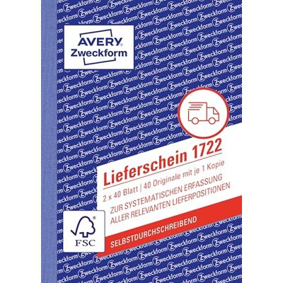 Avery 1722 Lieferschein (DIN A6, selbstdurchschreibend, von Rechtsexperten geprüft, für Deutschland und Österreich geeignet, 2 x 40 Blatt) weiß, gelb Avery 1722 Lieferschein (DIN A6, selbstdurchschreibend, von Rechtsexperten geprüft, für Deutschland und Österreich geeignet, 2 x 40 Blatt) weiß, gelb