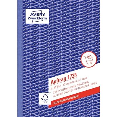Avery 1725 Auftrag (A5, 2x40 Blatt, selbstdurchschreibend mit farbigem Durchschlag, zur systematischen Erfassung aller relevanten Auftragspositionen) weiß/gelb Avery 1725 Auftrag (A5, 2x40 Blatt, selbstdurchschreibend mit farbigem Durchschlag, zur systematischen Erfassung aller relevanten Auftragspositionen) weiß/gelb
