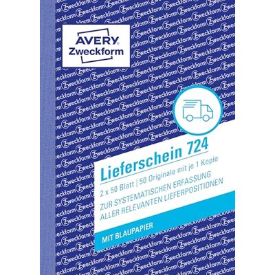 Avery 724 Lieferschein (A6, 2x50 Blatt, mit einem Blatt Blaupapier und einem blanko Durchschlag, zur systematischen Erfassung aller relevanten Lieferpositionen) weiß, 1 Stück Avery 724 Lieferschein (A6, 2x50 Blatt, mit einem Blatt Blaupapier und einem blanko Durchschlag, zur systematischen Erfassung aller relevanten Lieferpositionen) weiß, 1 Stück