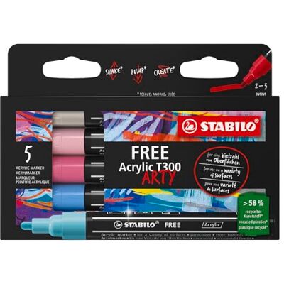STABILO Acrylmarker FREE Acrylic T300 Strichbreite 2-3 mm 5er Pack CANDY STABILO Acrylmarker FREE Acrylic T300 Strichbreite 2-3 mm 5er Pack CANDY