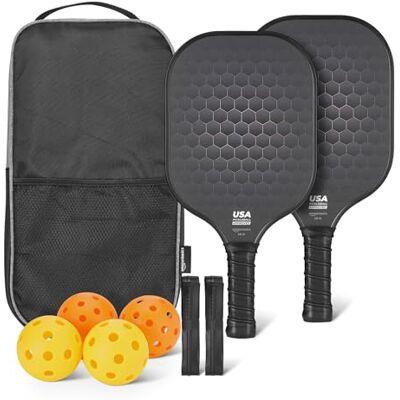 Amazon Basics USAPA-Zertifiziertes Pickleball-Schläger-Set mit 4 Bällen und 2 Griffen, Glasrahmen, Stealth-Schwarz, 2er-Pack Amazon Basics USAPA-Zertifiziertes Pickleball-Schläger-Set mit 4 Bällen und 2 Griffen, Glasrahmen, Stealth-Schwarz, 2er-Pack
