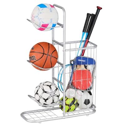 Relaxdays Ballständer, 3 abnehmbare Ballhalterungen, für Basketball, silber Fußball, Sportgeräteregal mit Korb, Metall Relaxdays Ballständer, 3 abnehmbare Ballhalterungen, für Basketball, silber Fußball, Sportgeräteregal mit Korb, Metall