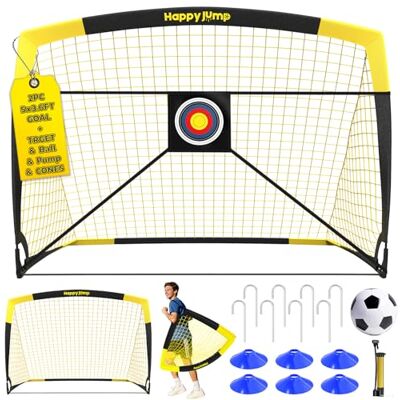Happy Jump Pop-Up Fußballtore – 152x110 cm, 2 Tore, Schwarz Gelb mit Ball, Pumpe, Hütchen & Zielscheibe Komplettes Training-Set für Garten & Familie Happy Jump Pop-Up Fußballtore – 152x110 cm, 2 Tore, Schwarz Gelb mit Ball, Pumpe, Hütchen & Zielscheibe Komplettes Training-Set für Garten & Familie