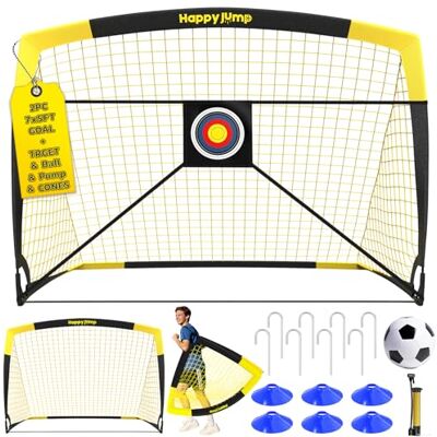 Happy Jump Pop-Up Fußballtore – 213x152 cm, 2 Tore, Schwarz Gelb mit Ball, Pumpe, Hütchen & Zielscheibe Komplettes Training-Set für Garten & Familie Happy Jump Pop-Up Fußballtore – 213x152 cm, 2 Tore, Schwarz Gelb mit Ball, Pumpe, Hütchen & Zielscheibe Komplettes Training-Set für Garten & Familie