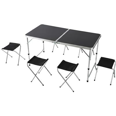 Relaxdays Campingtisch, 4 Sitzhocker, klappbar, höhenverstellbar, mit Tragegriff, Aluminium, MDF, Klapptisch, schwarz Relaxdays Campingtisch, 4 Sitzhocker, klappbar, höhenverstellbar, mit Tragegriff, Aluminium, MDF, Klapptisch, schwarz