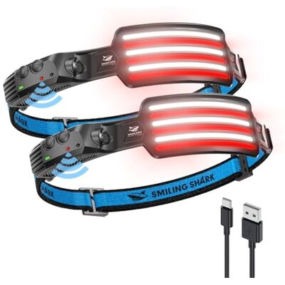 Smiling Shark TD-0123F Stirnlampe, Bewegungsmelder LED Kopflampe 2500 mAh Wiederaufladbar Weißes & Rotes Licht, Headlamp Flutlicht & Spotlight, Leicht, Handsfrei zum Angeln Camping Wandern(2 Pack) Smiling Shark TD-0123F Stirnlampe, Bewegungsmelder LED Kopflampe 2500 mAh Wiederaufladbar Weißes & Rotes Licht, Headlamp Flutlicht & Spotlight, Leicht, Handsfrei zum Angeln Camping Wandern(2 Pack)