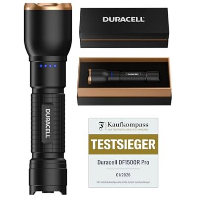 Duracell LED Taschenlampe DF1500R Pro – 1500 Lumen, fokussierbar, 145 m Leuchtweite, Outdoor & Werkstatt, USB-C wiederaufladbar, 21700 Li-Ion Akku, spritzwassergeschützt, inkl. Geschenkbox Duracell LED Taschenlampe DF1500R Pro – 1500 Lumen, fokussierbar, 145 m Leuchtweite, Outdoor & Werkstatt, USB-C wiederaufladbar, 21700 Li-Ion Akku, spritzwassergeschützt, inkl. Geschenkbox