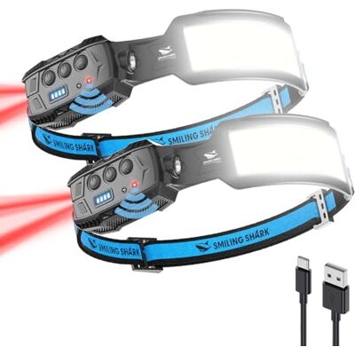 Smiling Shark Stirnlampe, 2 Stück Headlamp 7*Weiße Licht 270° Beleuchtung Breite Mit Bewegungsmelder Helles Rotes Rucklicht Für Camping Angeln Reparieren, Stirnlampe-Kopflampe-LED-Wiederaufladbar Smiling Shark Stirnlampe, 2 Stück Headlamp 7*Weiße Licht 270° Beleuchtung Breite Mit Bewegungsmelder Helles Rotes Rucklicht Für Camping Angeln Reparieren, Stirnlampe-Kopflampe-LED-Wiederaufladbar