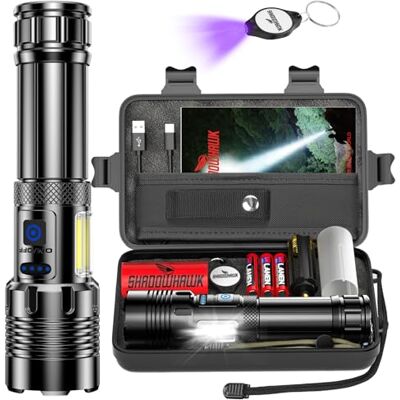 Shadowhawk Taschenlampe Led 500000 Lumen, Extrem Hell Taschenlampe USB Aufladbar Taktische Taschenlampen Mit holster XHP70.2, IP67 Wasserdicht 5 Lichtmodi für Camping Wandern Notfälle Shadowhawk Taschenlampe Led 500000 Lumen, Extrem Hell Taschenlampe USB Aufladbar Taktische Taschenlampen Mit holster XHP70.2, IP67 Wasserdicht 5 Lichtmodi für Camping Wandern Notfälle