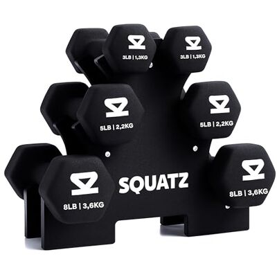 SQUATZ Neopren Hantelset Mit Ständer 14,5 kg Kurzhanteln 3 Paar – Hanteln Set Frauen Für Home Gym Krafttraining Pilates Yoga Mit Rutschfestem Griff SQUATZ Neopren Hantelset Mit Ständer 14,5 kg Kurzhanteln 3 Paar – Hanteln Set Frauen Für Home Gym Krafttraining Pilates Yoga Mit Rutschfestem Griff