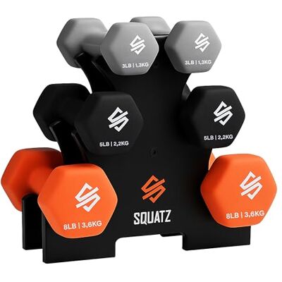 SQUATZ Neopren Hantelset Mit Ständer 14,5 kg Kurzhanteln 3 Paar – Hanteln Set Frauen Für Home Gym Krafttraining Pilates Yoga Mit Rutschfestem Griff SQUATZ Neopren Hantelset Mit Ständer 14,5 kg Kurzhanteln 3 Paar – Hanteln Set Frauen Für Home Gym Krafttraining Pilates Yoga Mit Rutschfestem Griff