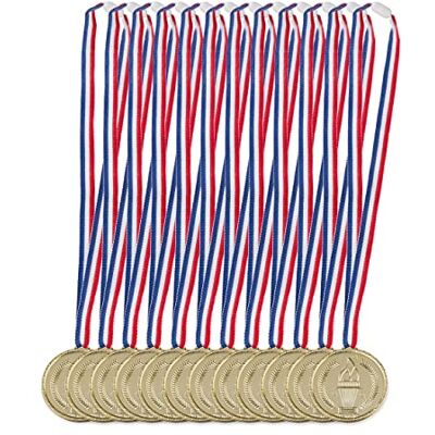 Relaxdays Goldmedaille Kinder 12er Set, Band, Fackel, Auszeichnung für Siegerehrung, Medaillenset, 5 cm Ø, Plastik, Gold Relaxdays Goldmedaille Kinder 12er Set, Band, Fackel, Auszeichnung für Siegerehrung, Medaillenset, 5 cm Ø, Plastik, Gold