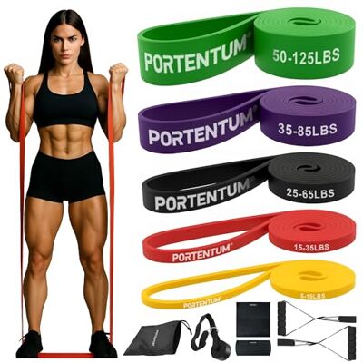 PORTENTUM Fitnessbänder Widerstandsbänder Set von 11 – Resistance Bands 5 Stärken – Griffe, Türanker, Schutzhüllen und Tasche – Fitnessgeräte für zuhause Männer Frauen – Muskeltraining Crossfit Yoga PORTENTUM Fitnessbänder Widerstandsbänder Set von 11 – Resistance Bands 5 Stärken – Griffe, Türanker, Schutzhüllen und Tasche – Fitnessgeräte für zuhause Männer Frauen – Muskeltraining Crossfit Yoga