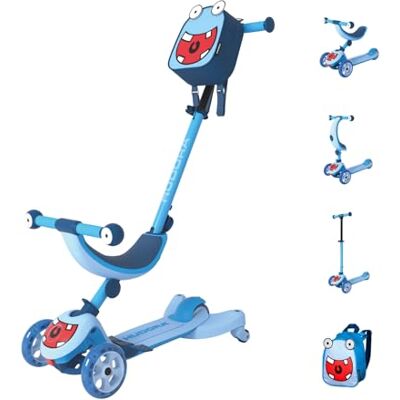 HUDORA 4‑in‑1 Kinder Scooter im Monster‑Design – Flexibles Rutscherfahrzeug und Tri‑Scooter – LED‑Räder und Rucksack – höhenverstellbar – ab 12 Monaten – Sitzen und Fahren – Jungen und Mädchen Cyan HUDORA 4‑in‑1 Kinder Scooter im Monster‑Design – Flexibles Rutscherfahrzeug und Tri‑Scooter – LED‑Räder und Rucksack – höhenverstellbar – ab 12 Monaten – Sitzen und Fahren – Jungen und Mädchen Cyan