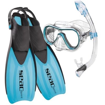 SEAC Unisex-Adult Sprint Set mit riemenverstellbaren Flossen, Tauchmaske und Schnorchel mit Dry-Top, blau, 42/44 SEAC Unisex-Adult Sprint Set mit riemenverstellbaren Flossen, Tauchmaske und Schnorchel mit Dry-Top, blau, 42/44