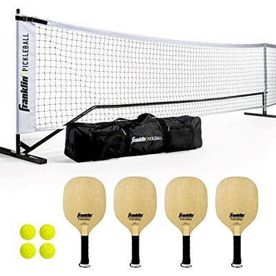 Franklin Sports Pickleball-Netz, Starterset, tragbares Außenplatz-Netzsystem in offizieller Größe, mit Reisetasche, offizielles Starterset mit 4 Schlägern und 4 X-40-Pickleball-Bällen Franklin Sports Pickleball-Netz, Starterset, tragbares Außenplatz-Netzsystem in offizieller Größe, mit Reisetasche, offizielles Starterset mit 4 Schlägern und 4 X-40-Pickleball-Bällen