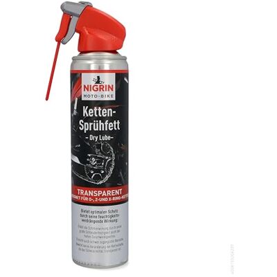 NIGRIN MOTO-BIKE Dry Lube Ketten-Sprühfett für Motorrad, 400 ml, geeignet für O-, Z- und X-Ring-Ketten, Korrosionsschutz, farblos NIGRIN MOTO-BIKE Dry Lube Ketten-Sprühfett für Motorrad, 400 ml, geeignet für O-, Z- und X-Ring-Ketten, Korrosionsschutz, farblos