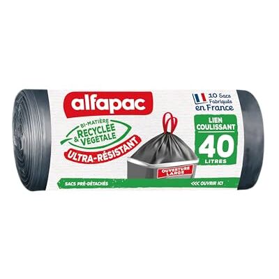 Alfapac 10 Müllbeutel, 40 l, mit Zugband, sehr robust, große Öffnung, 2 Materialien, recycelt & pflanzlich Alfapac 10 Müllbeutel, 40 l, mit Zugband, sehr robust, große Öffnung, 2 Materialien, recycelt & pflanzlich