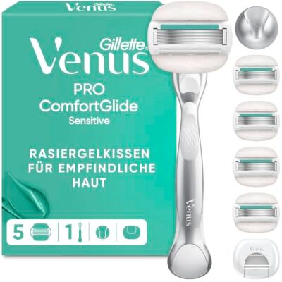 Gillette Pro Comfortglide Sensitive Rasierer Damen, Silber Inkl. 1 Nassrasierer, 5 Rasierklingen mit Einem Hauch von Aloe Vera, Duschhalterung Und Klingen-Schutzkappe Gillette Pro Comfortglide Sensitive Rasierer Damen, Silber Inkl. 1 Nassrasierer, 5 Rasierklingen mit Einem Hauch von Aloe Vera, Duschhalterung Und Klingen-Schutzkappe