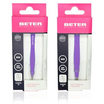 Beter 2er-Pack professionelle Augenbrauenpinzette, schräge Spitze, Soft-Touch-Oberfläche, rostfreier Stahl Beter 2er-Pack professionelle Augenbrauenpinzette, schräge Spitze, Soft-Touch-Oberfläche, rostfreier Stahl