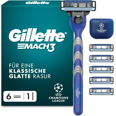Gillette Mach3 Standard Rasierer Herren, UEFA Champions League Special Edition — Inkl. 1 Nassrasierer, Reiseschutzkappe, 6 Ersatzklingen mit Gleitstreifen und Klingenbeschichtung — Blau/Grau Gillette Mach3 Standard Rasierer Herren, UEFA Champions League Special Edition — Inkl. 1 Nassrasierer, Reiseschutzkappe, 6 Ersatzklingen mit Gleitstreifen und Klingenbeschichtung — Blau/Grau