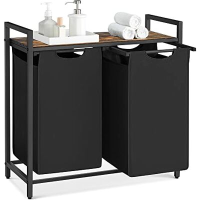 VASAGLE Wäschekorb 2 Fächer, Wäschesammler mit Ablage, Wäschebox, Wäschesack aus Oxford-Gewebe abnehmbar, Metallrahmen, 2 x 46 L, 73 x 33 x 72 cm, tintenschwarz-vintagebraun BLH201B01 VASAGLE Wäschekorb 2 Fächer, Wäschesammler mit Ablage, Wäschebox, Wäschesack aus Oxford-Gewebe abnehmbar, Metallrahmen, 2 x 46 L, 73 x 33 x 72 cm, tintenschwarz-vintagebraun BLH201B01