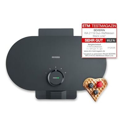 Severin Duo-Waffeleisen Black Line, Doppelwaffeleisen für Herzwaffeln, PFAS-freie Beschichtung, mit Kontrollleuchte, praktische Kabelaufwicklung, 1.200 Watt, schwarz-matt, WA 2119 Severin Duo-Waffeleisen Black Line, Doppelwaffeleisen für Herzwaffeln, PFAS-freie Beschichtung, mit Kontrollleuchte, praktische Kabelaufwicklung, 1.200 Watt, schwarz-matt, WA 2119