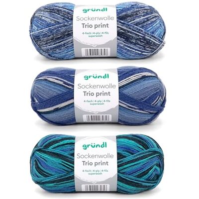 Gründl Wolle Sockenwolle Trio 3 Knäuel 100 g, blau grün Gründl Wolle Sockenwolle Trio 3 Knäuel 100 g, blau grün