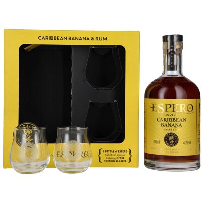 Ron Espero Caribbean Banana Rum Liqueur 40% Vol. 0,7l in Geschenkbox mit 2 Gläser Ron Espero Caribbean Banana Rum Liqueur 40% Vol. 0,7l in Geschenkbox mit 2 Gläser