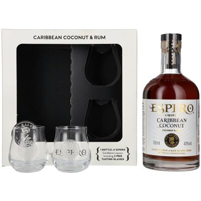 Ron Espero Caribbean Coconut & Rum Liqueur 40% Vol. 0,7l in Geschenkbox mit 2 Gläser Ron Espero Caribbean Coconut & Rum Liqueur 40% Vol. 0,7l in Geschenkbox mit 2 Gläser