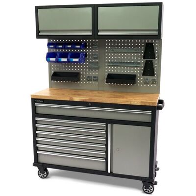 HBM fahrbare Werkbank 136 cm mit 7 Schubladen, Tür und Schrankwand, inklusive Zubehör, grau HBM fahrbare Werkbank 136 cm mit 7 Schubladen, Tür und Schrankwand, inklusive Zubehör, grau