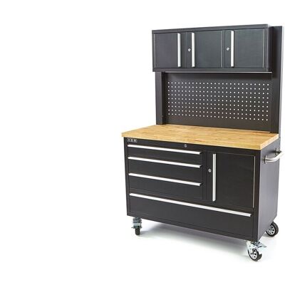 HBM Werkbank 122 cm mit 4 Schubladen, Schrankwand und Rückwand, Holzarbeitsplatte, schwarz HBM Werkbank 122 cm mit 4 Schubladen, Schrankwand und Rückwand, Holzarbeitsplatte, schwarz