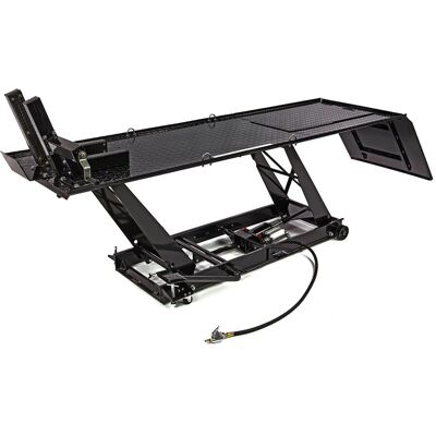 HBM 450 kg Motorradhebebühne hydraulisch, pneumatisch, mit Deluxe-Vorderradklemme, schwarz HBM 450 kg Motorradhebebühne hydraulisch, pneumatisch, mit Deluxe-Vorderradklemme, schwarz