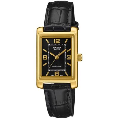 Damen-Analogarmbanduhr mit goldfarbenem Gehäuse, Schwarzem Zifferblatt und Schwarzem Echtlederarmband LTP-1234PGL-1AEF - CASIO Damen-Analogarmbanduhr mit goldfarbenem Gehäuse, Schwarzem Zifferblatt und Schwarzem Echtlederarmband LTP-1234PGL-1AEF - CASIO