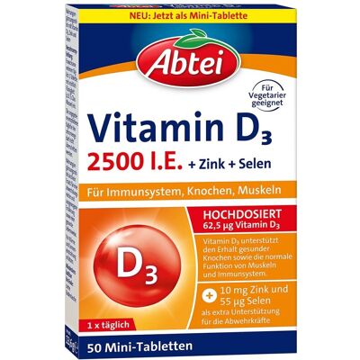ABTEI Vitamin D3 2500 I.E. + Zink + Selen Mini Tabletten 50stk ABTEI Vitamin D3 2500 I.E. + Zink + Selen Mini Tabletten 50stk