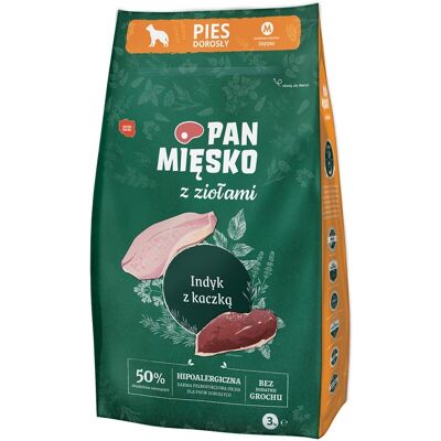PAN MIĘSKO mit Kräutern Trockenfutter Truthahn mit Ente für adulte Hunde M hypoallergen 3 kg PAN MIĘSKO mit Kräutern Trockenfutter Truthahn mit Ente für adulte Hunde M hypoallergen 3 kg