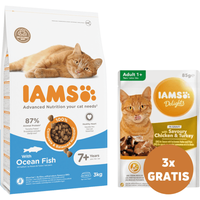 IAMS For Vitality Cat Senior Ocean Fish für ältere Katzen mit Fisch 3 kg + 3 x Huhn und Pute in Sauce 85 g GRATIS IAMS For Vitality Cat Senior Ocean Fish für ältere Katzen mit Fisch 3 kg + 3 x Huhn und Pute in Sauce 85 g GRATIS
