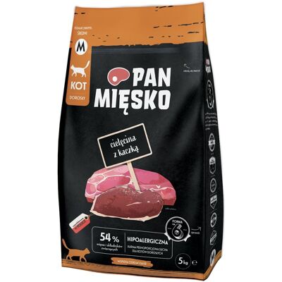 PAN MIĘSKO Trockenfutter mit Kalb und Ente für adulte Katzen M hypoallergen 5 kg PAN MIĘSKO Trockenfutter mit Kalb und Ente für adulte Katzen M hypoallergen 5 kg
