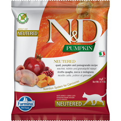 FARMINA N&D Cat Pumpkin Neutered Trockenfutter Wachtel, Kürbis und Granatapfel für adulte kastrierte Katzen 50g FARMINA N&D Cat Pumpkin Neutered Trockenfutter Wachtel, Kürbis und Granatapfel für adulte kastrierte Katzen 50g