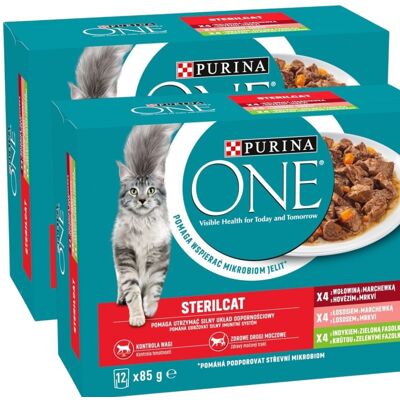 PURINA ONE Sterilcat Nassfutter mit Rind und Karotte, mit Lachs und Karotte, mit Pute und grünen Bohnen für Katzen nach der Sterilisation 24x85g PURINA ONE Sterilcat Nassfutter mit Rind und Karotte, mit Lachs und Karotte, mit Pute und grünen Bohnen für Katzen nach der Sterilisation 24x85g