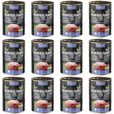 Super RAFI Nassfutter mit Wachtel und Kaninchenleber für adulte Katzen getreidefrei 12x400g Super RAFI Nassfutter mit Wachtel und Kaninchenleber für adulte Katzen getreidefrei 12x400g