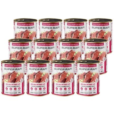 Super RAFI Nassfutter mit Kalbfleisch und Kaninchenleber für adulte Hunde getreidefrei 12x400 g Super RAFI Nassfutter mit Kalbfleisch und Kaninchenleber für adulte Hunde getreidefrei 12x400 g