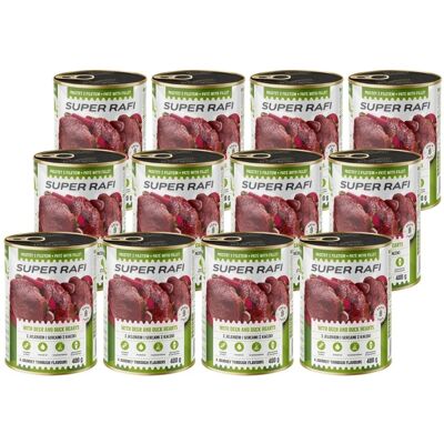 Super RAFI Nassfutter mit Hirsch und Entenherzen für adulte Hunde getreidefrei 12x400 g Super RAFI Nassfutter mit Hirsch und Entenherzen für adulte Hunde getreidefrei 12x400 g