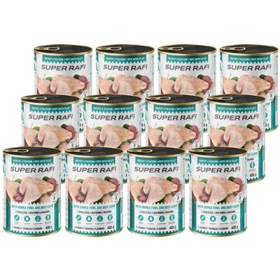 Super RAFI Nassfutter mit Perlhuhn und Rinderleber für adulte Hunde getreidefrei 12x400 g Super RAFI Nassfutter mit Perlhuhn und Rinderleber für adulte Hunde getreidefrei 12x400 g