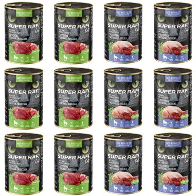 Super RAFI Nassfutter Wachtel und Kaninchenleber & Wild und Hühnerherzen für adulte Katzen 12x400g Super RAFI Nassfutter Wachtel und Kaninchenleber & Wild und Hühnerherzen für adulte Katzen 12x400g