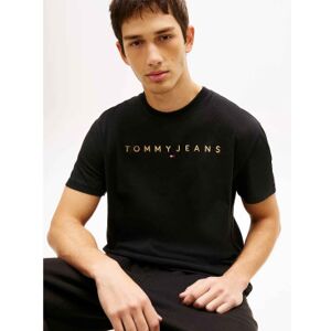 Tommy Jeans für Herren. DM0DM20744 Gestricktes T-Shirt mit schwarzer linearer Logostickerei (L), Lässig, Baumwolle, Kurzarm Tommy Jeans für Herren. DM0DM20744 Gestricktes T-Shirt mit schwarzer linearer Logostickerei (L), Lässig, Baumwolle, Kurzarm