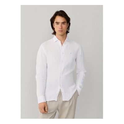Hackett London für Herren. HM3010636 Weißes, gefärbtes Leinenhemd in Tailored-Passform (L), Lässig, Langarm Hackett London für Herren. HM3010636 Weißes, gefärbtes Leinenhemd in Tailored-Passform (L), Lässig, Langarm