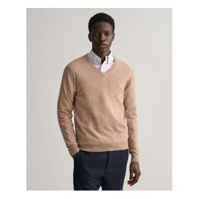 Gant für Herren. 87212 Pullover mit V-Ausschnitt aus sehr feiner beiger Schafwolle (S), Lässig Gant für Herren. 87212 Pullover mit V-Ausschnitt aus sehr feiner beiger Schafwolle (S), Lässig